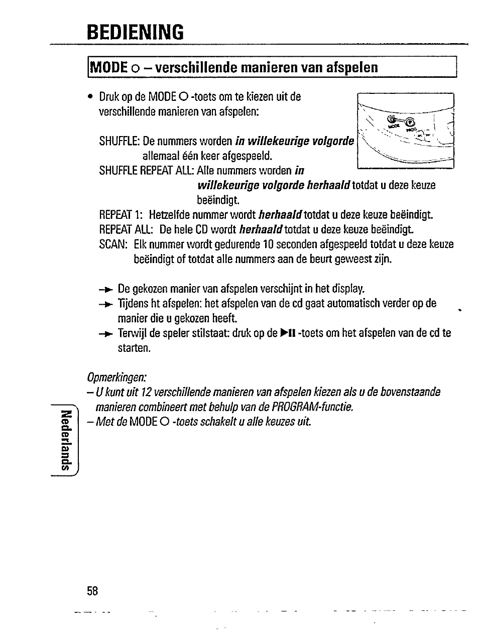 Bediening, Mode o - verschillende manieren van afspelen | Philips AZ 7261 User Manual | Page 10 / 16