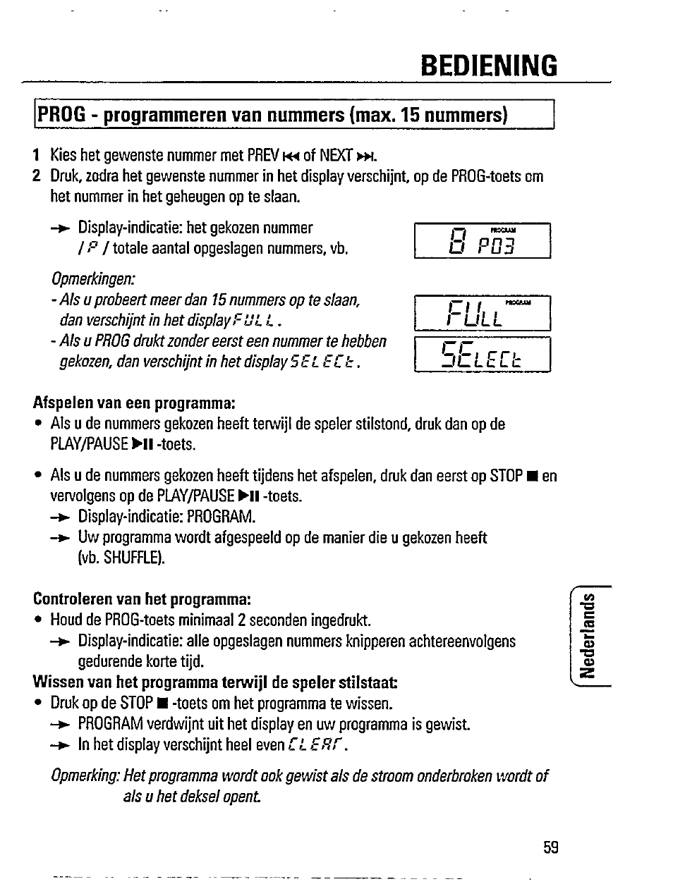 Bediening, Prog - programmeren van nummers (max. 15 nummers) | Philips AZ 7261 User Manual | Page 11 / 16