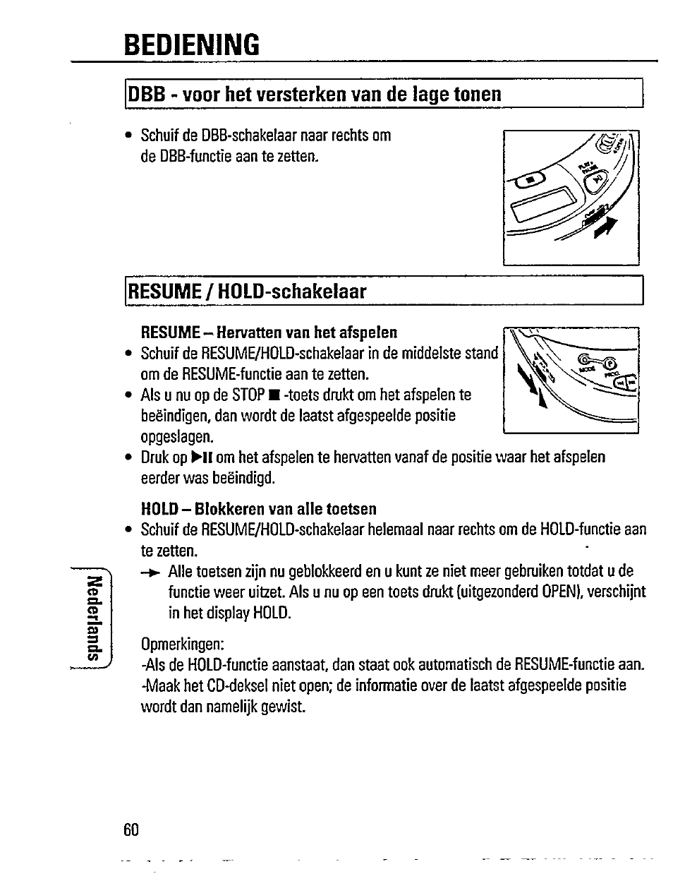 Bediening, Dbb - voor het versterken van de läge tonen, Resume/hold-schakelaar | Philips AZ 7261 User Manual | Page 12 / 16