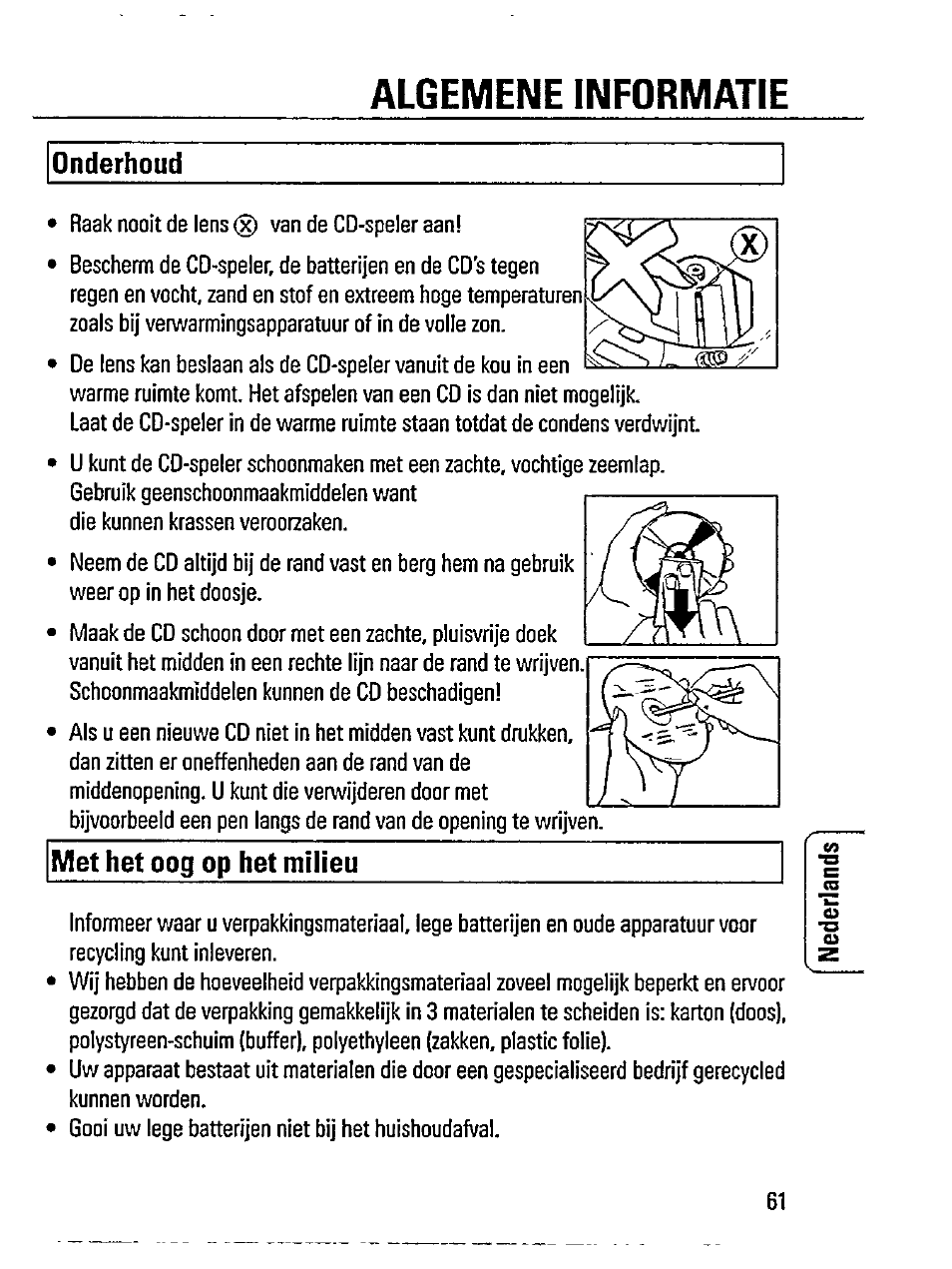 Algemene informatie, Onderhoud, Met het oog op het milieu | Philips AZ 7261 User Manual | Page 13 / 16