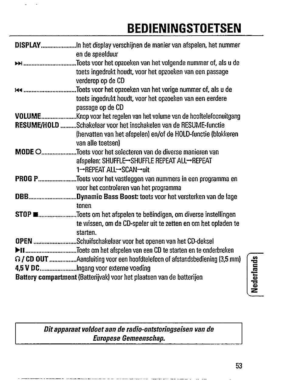 Bedieningstoetsen | Philips AZ 7261 User Manual | Page 5 / 16