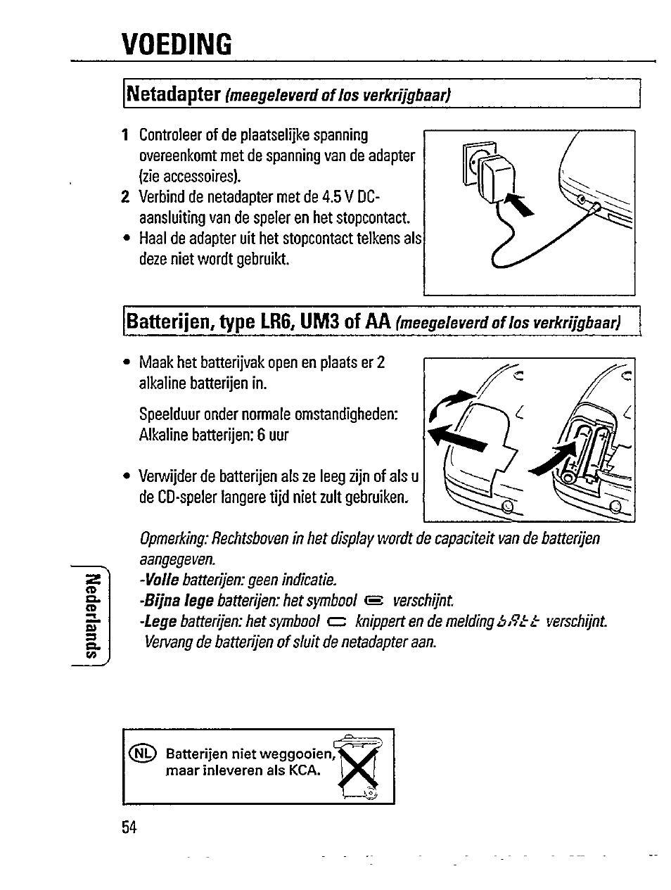 Voeding, Netadapter, Batterijen, type lr6, um3 of aa | Philips AZ 7261 User Manual | Page 6 / 16