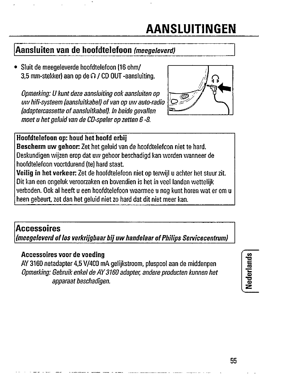 Accessoires voor de voeding, Aansluitingen, Aansluiten van de hoofdtelefoon | Accessoires | Philips AZ 7261 User Manual | Page 7 / 16