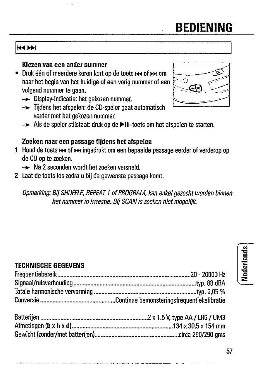 Technische gegevens, Bediening | Philips AZ 7261 User Manual | Page 9 / 16