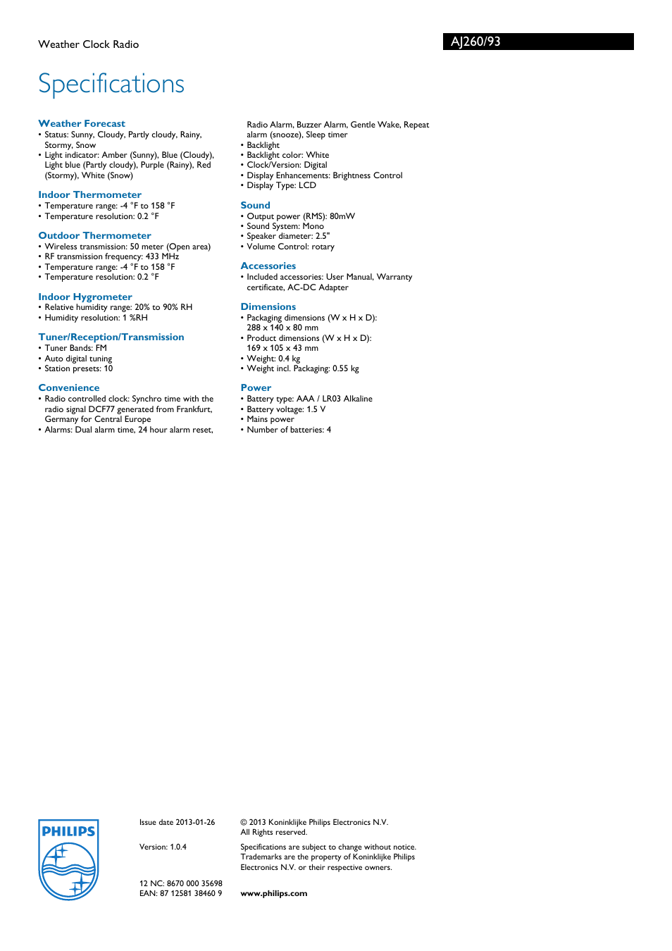 Specifications | Philips AJ260/93 User Manual | Page 3 / 3