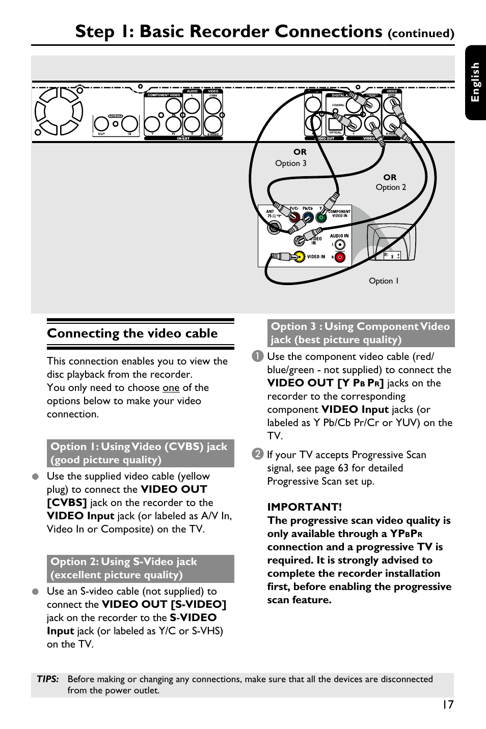 Step 1: basic recorder connections, Connecting the video cable, Continued) | Philips DVDR3588H/93 User Manual | Page 16 / 74