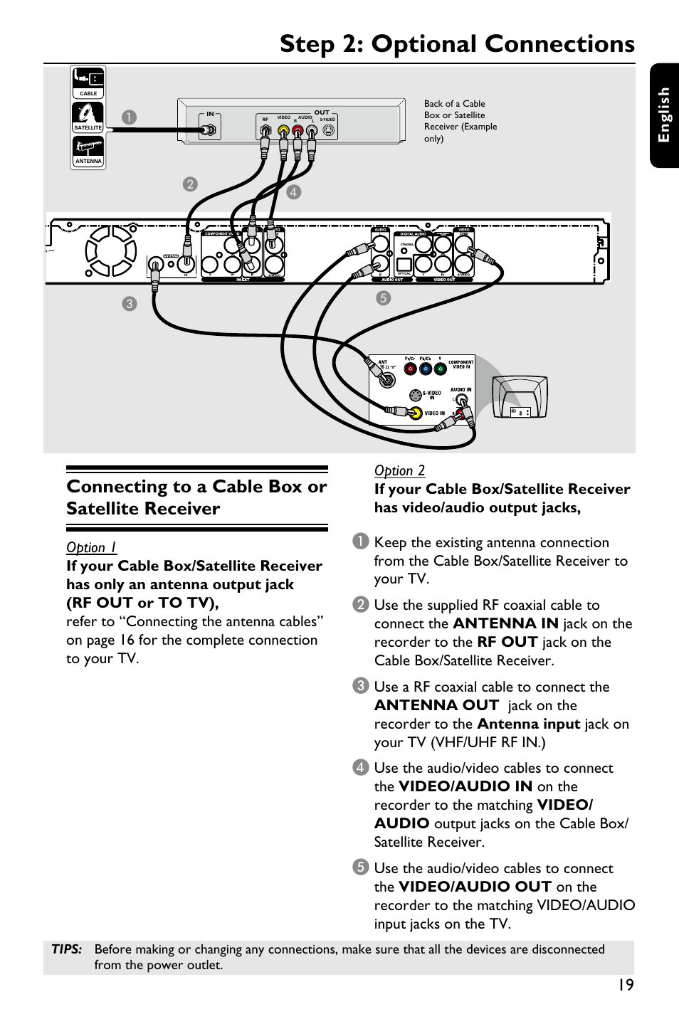 Step 2: optional connections, Connecting to a cable box or satellite receiver | Philips DVDR3588H/93 User Manual | Page 18 / 74