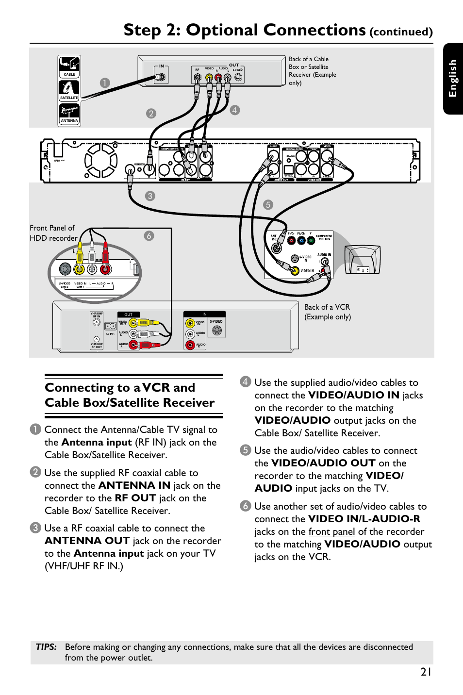 Step 2: optional connections, Continued), En g li sh | Fd c a e | Philips DVDR3588H/93 User Manual | Page 20 / 74