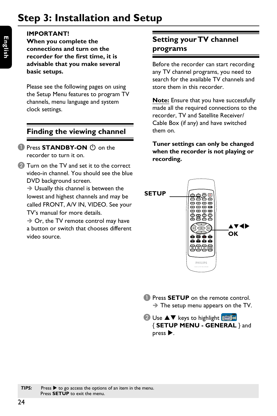 Step 3: installation and setup, Finding the viewing channel, Setting your tv channel programs | Philips DVDR3588H/93 User Manual | Page 23 / 74