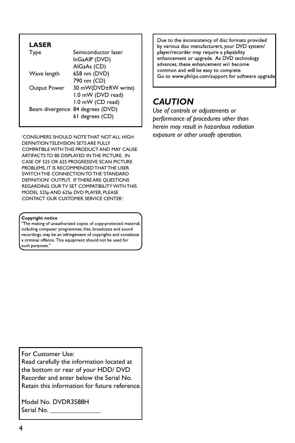 Caution | Philips DVDR3588H/93 User Manual | Page 3 / 74