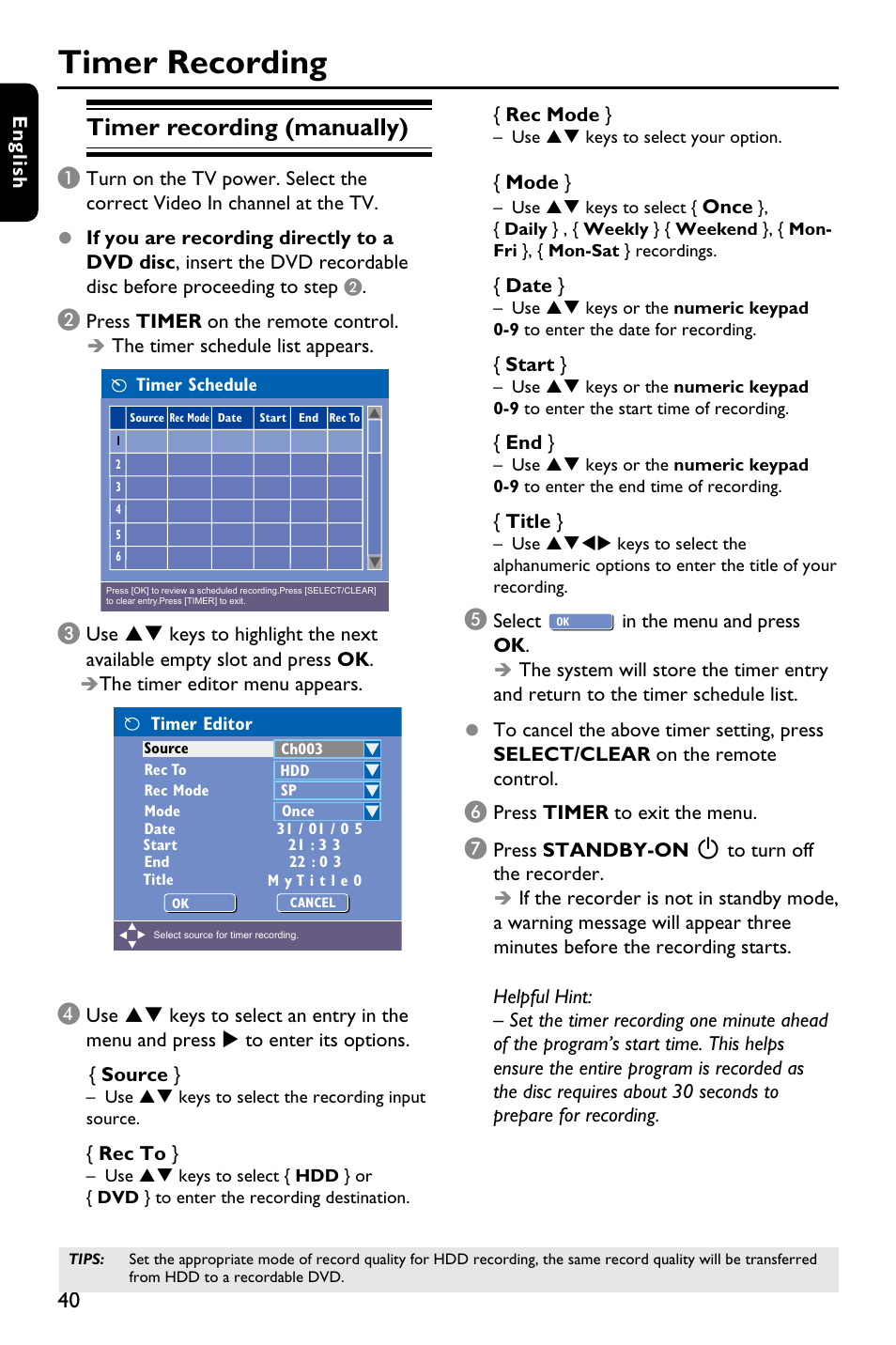 Timer recording, Timer recording (manually) | Philips DVDR3588H/93 User Manual | Page 39 / 74