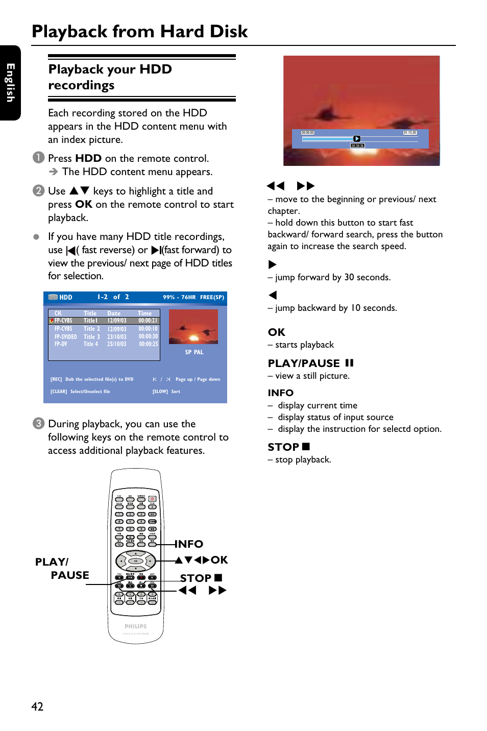 Playback from hard disk, Playback your hdd recordings | Philips DVDR3588H/93 User Manual | Page 41 / 74