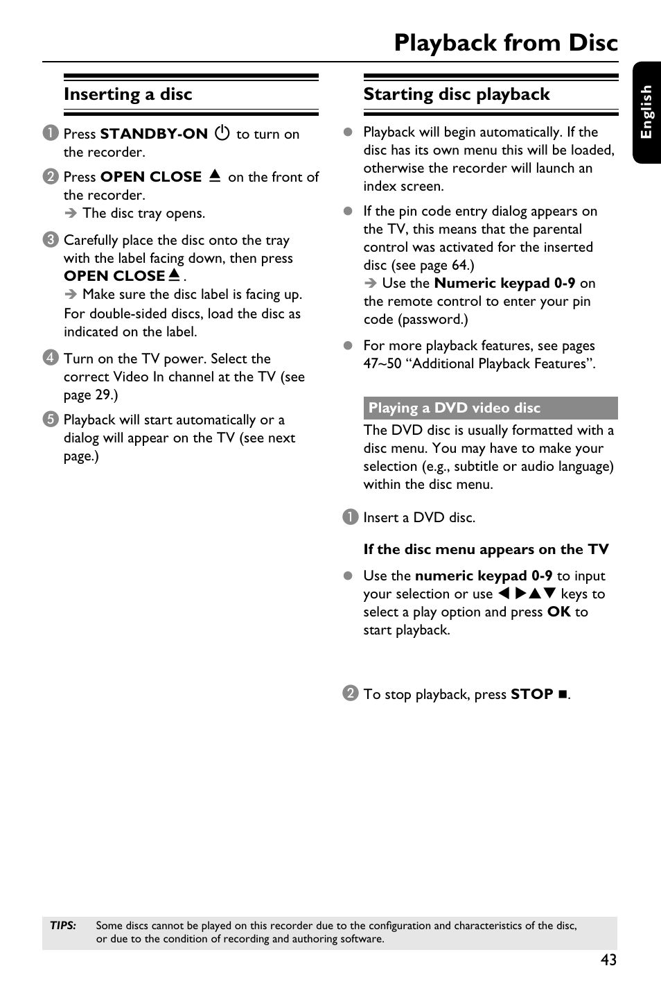 Playback from disc, Inserting a disc, Starting disc playback | Philips DVDR3588H/93 User Manual | Page 42 / 74