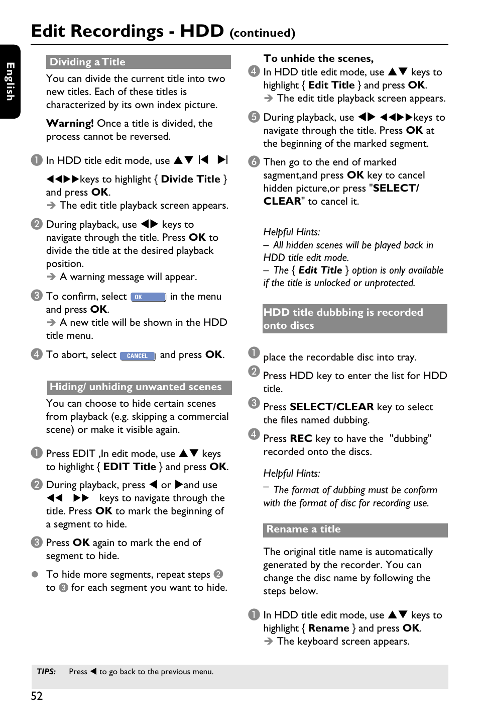 Edit recordings - hdd | Philips DVDR3588H/93 User Manual | Page 51 / 74