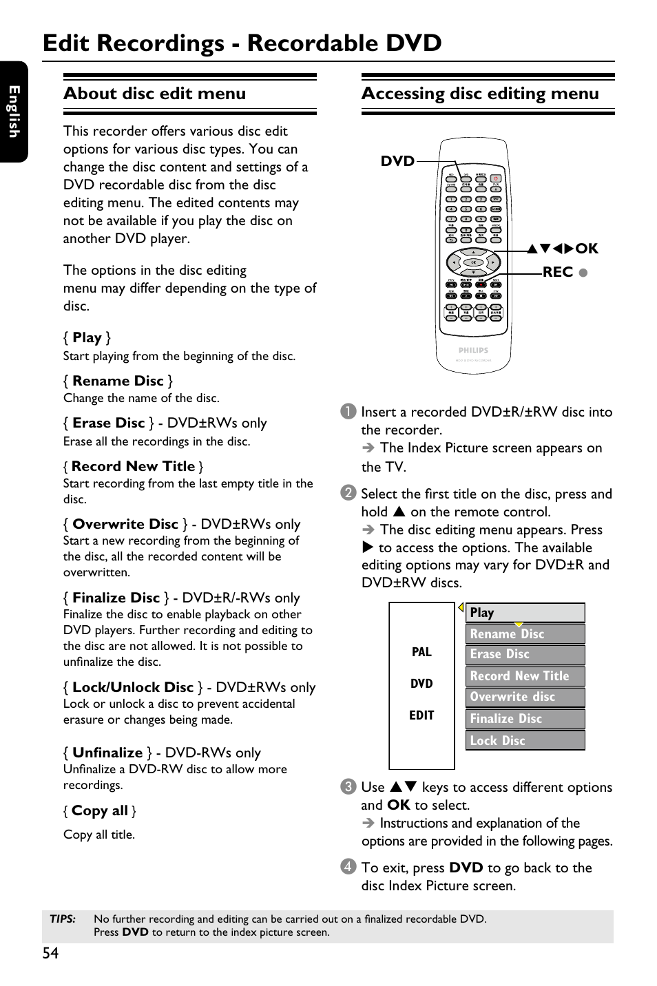 Edit recordings - recordable dvd, About disc edit menu, Accessing disc editing menu | Philips DVDR3588H/93 User Manual | Page 53 / 74