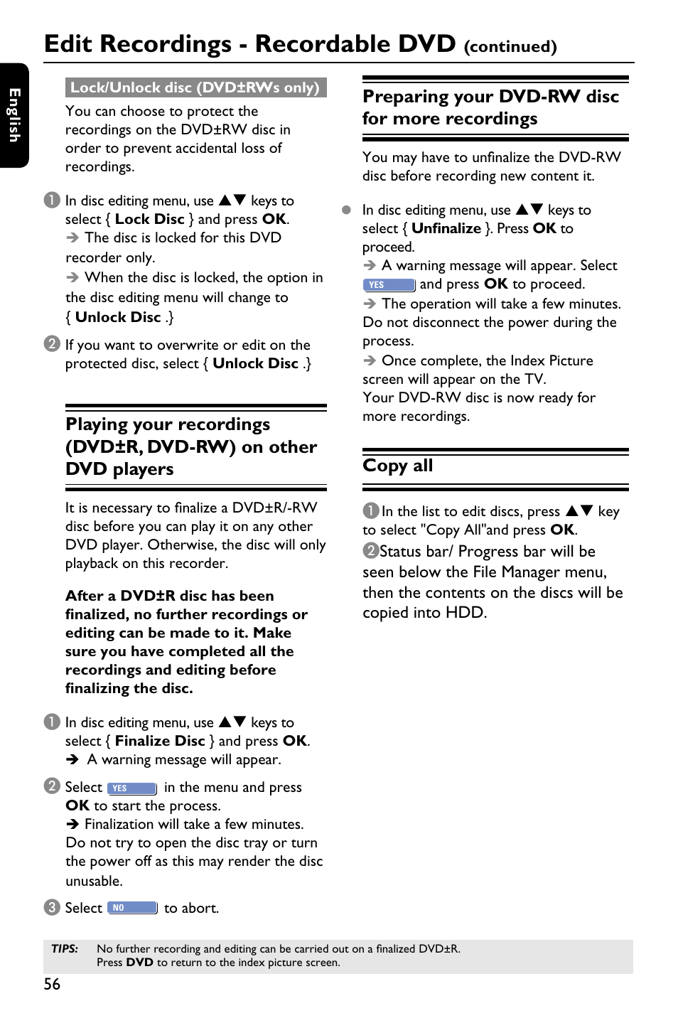 Edit recordings - recordable dvd, Preparing your dvd-rw disc for more recordings, Copy all | Philips DVDR3588H/93 User Manual | Page 55 / 74