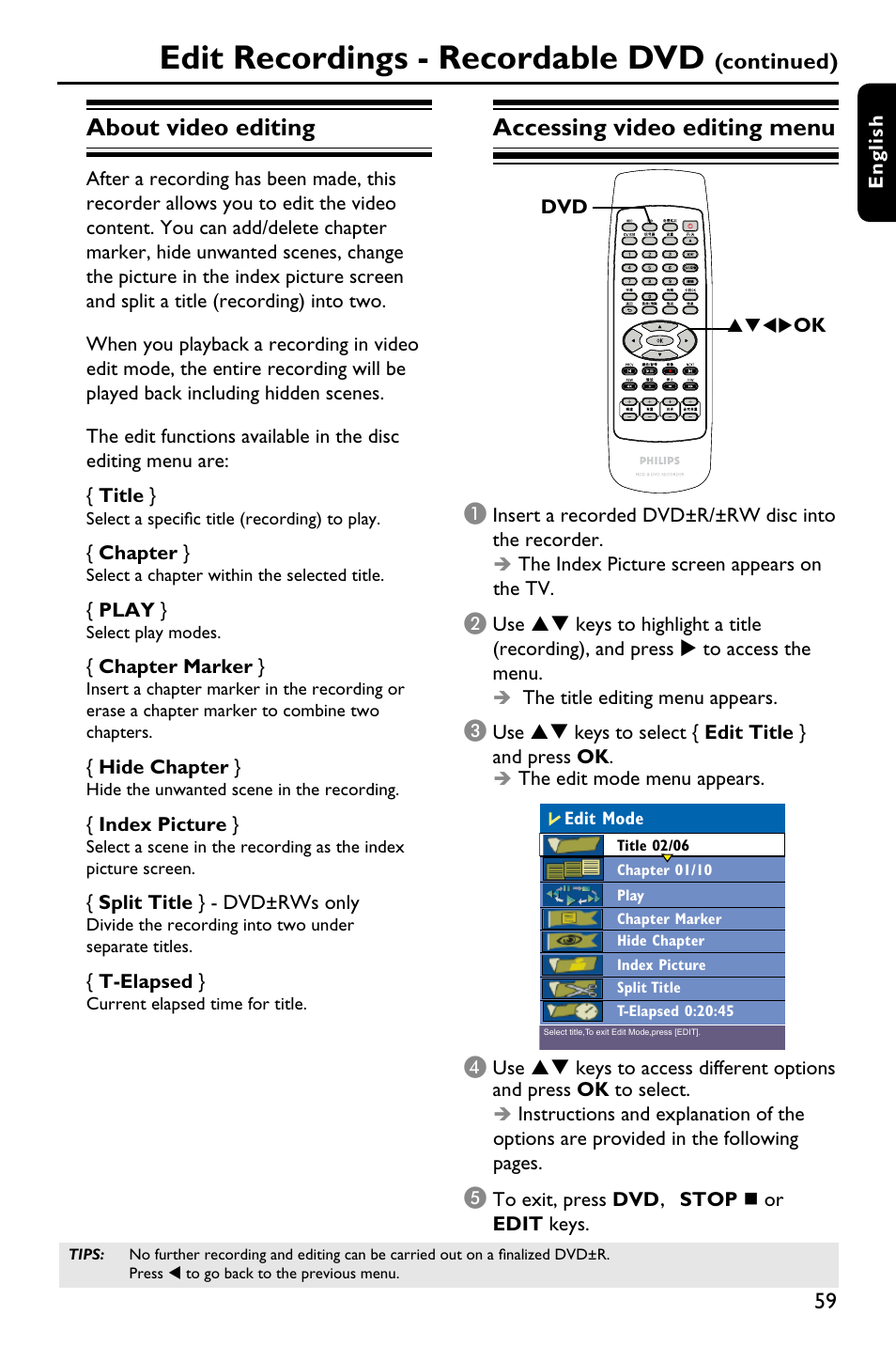 Edit recordings - recordable dvd, About video editing, Accessing video editing menu | Philips DVDR3588H/93 User Manual | Page 58 / 74