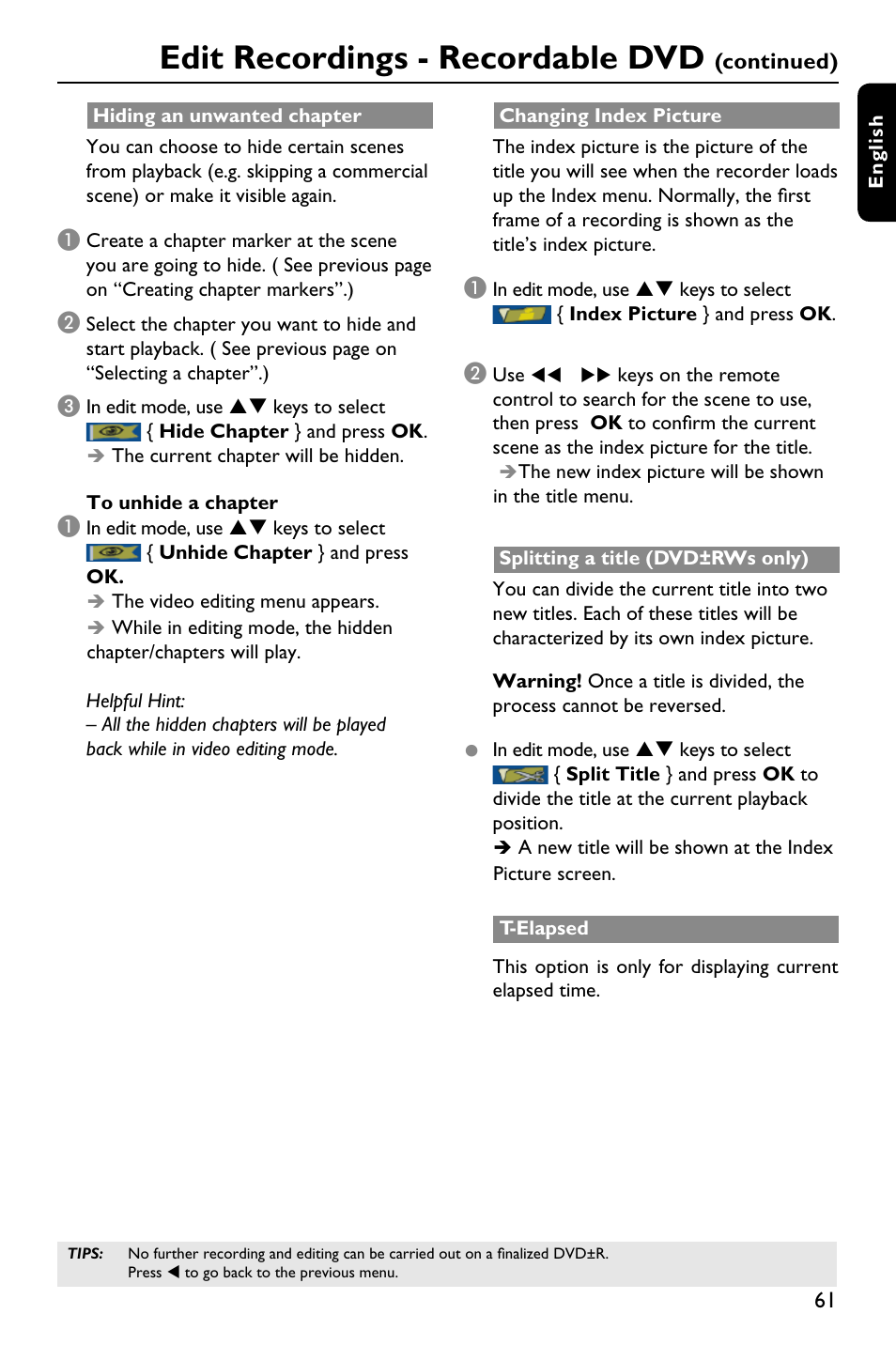 Edit recordings - recordable dvd | Philips DVDR3588H/93 User Manual | Page 60 / 74