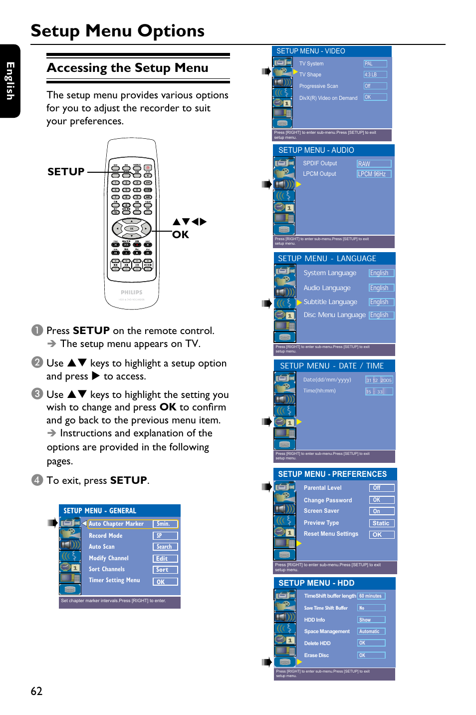 Setup menu options, Accessing the setup menu, En g lis h | Press setup on the remote control, The setup menu appears on tv, Setup | Philips DVDR3588H/93 User Manual | Page 61 / 74