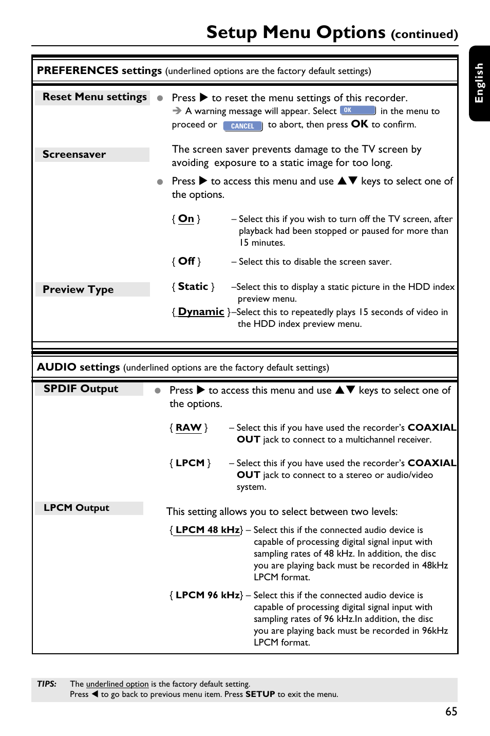 Setup menu options, Continued) | Philips DVDR3588H/93 User Manual | Page 64 / 74