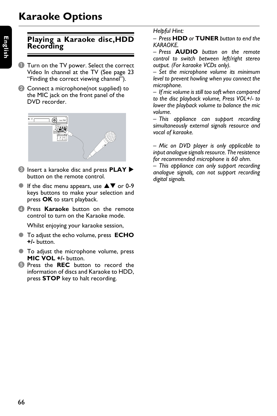 Karaoke options, Playing a karaoke disc,hdd recording | Philips DVDR3588H/93 User Manual | Page 65 / 74