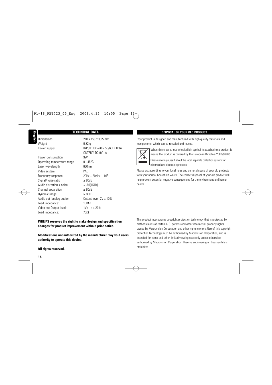 Philips PET723/05 User Manual | Page 16 / 18