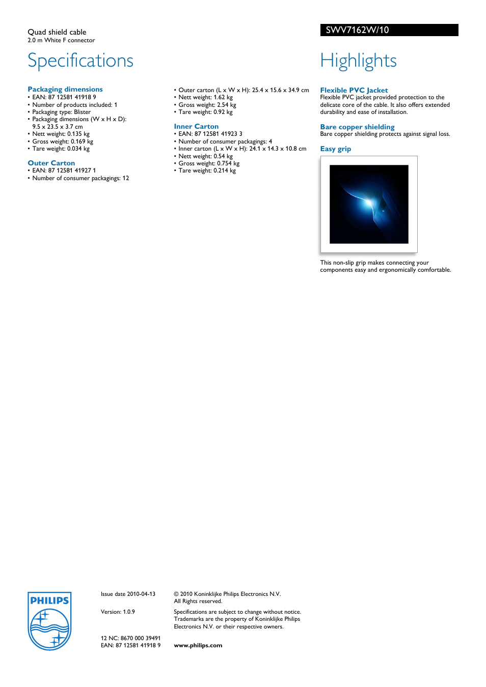 Specifications, Highlights | Philips SWV7162W/10 User Manual | Page 2 / 2