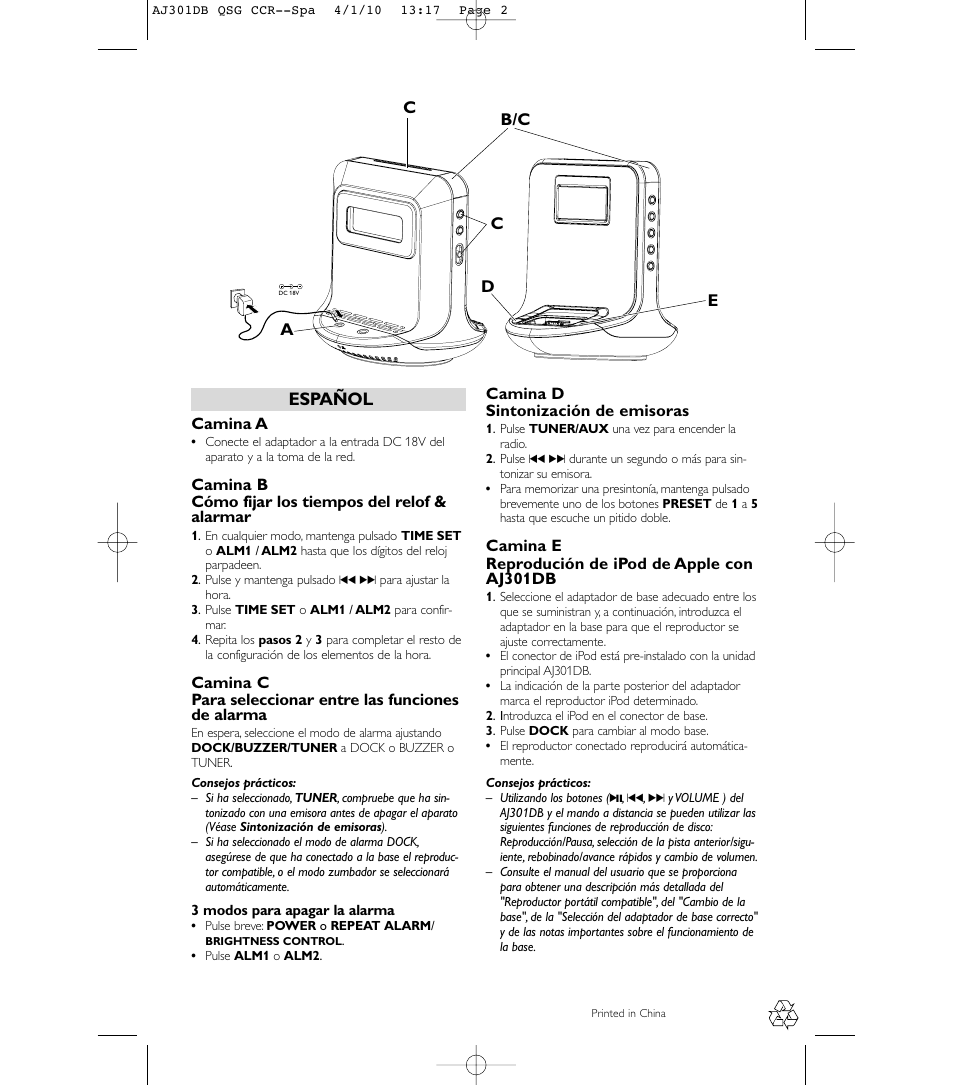 Español | Philips AJ301D User Manual | Page 2 / 2