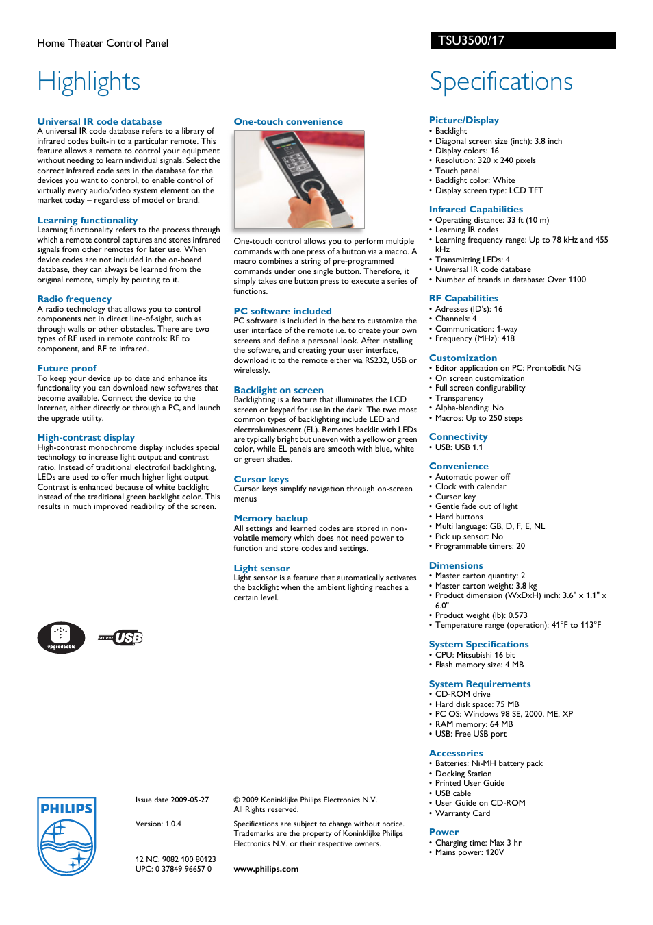 Highlights, Specifications | Philips Pronto TSU3517 User Manual | Page 2 / 2