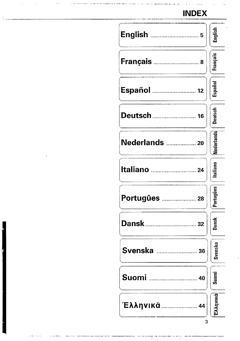 Index, English, Français | Español, Deutsch, Nederlands, Italiano, Portugûes, Dansk, Svenska | Philips AQ 4150 User Manual | Page 3 / 10