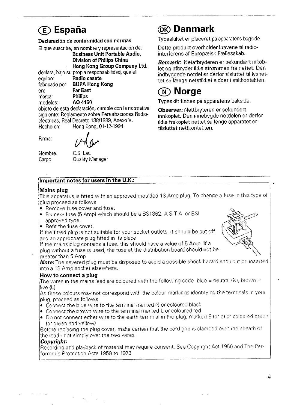 D españa, Dk) danmark, Norge | Philips AQ 4150 User Manual | Page 4 / 10