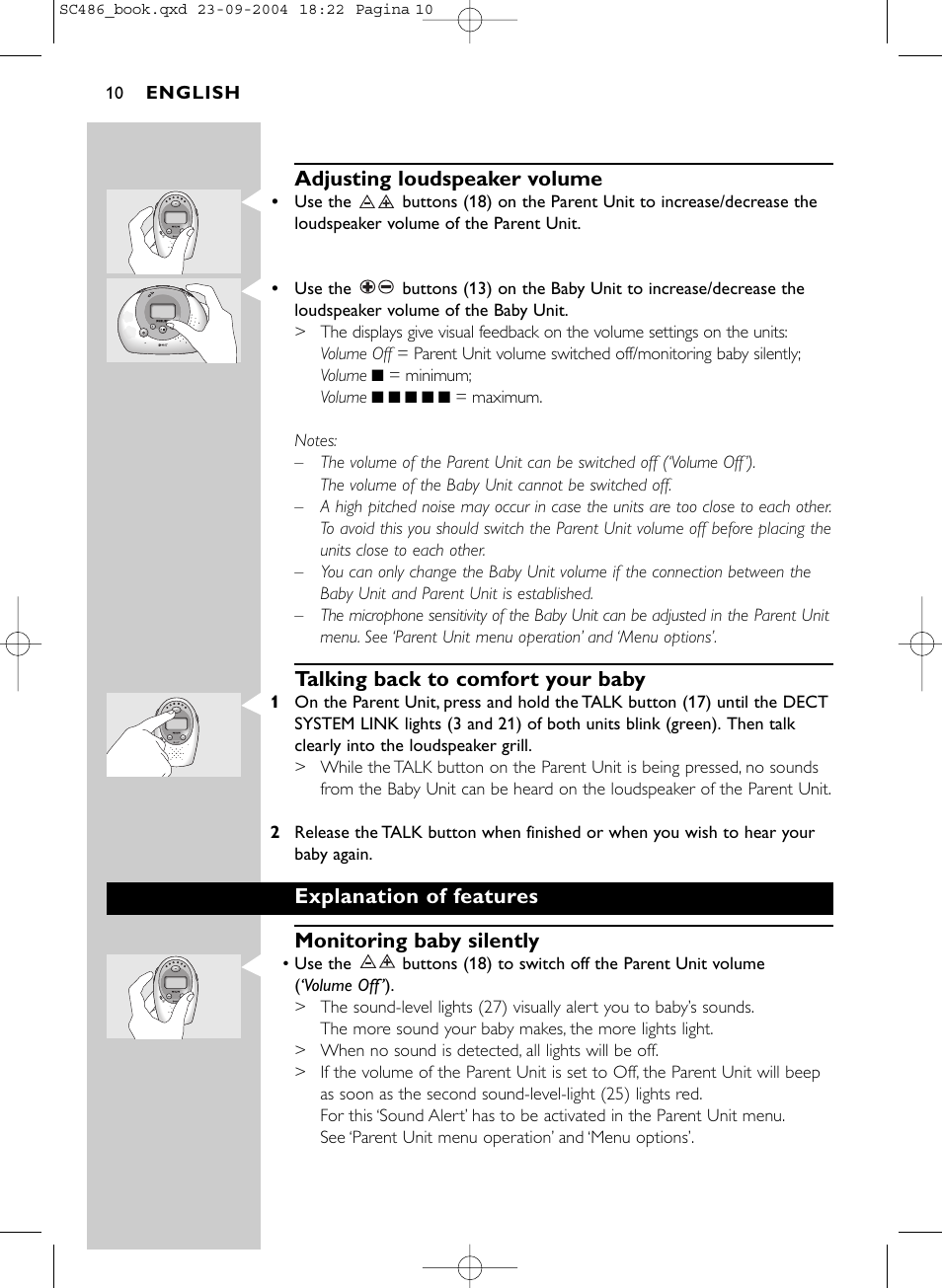 Adjusting loudspeaker volume, Talking back to comfort your baby, Explanation of features monitoring baby silently | Philips DECT SC486 User Manual | Page 10 / 18