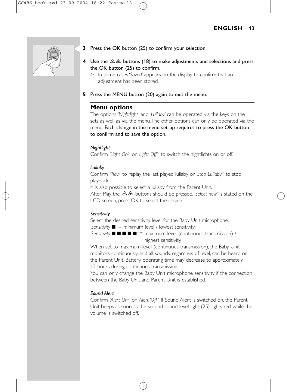 Menu options | Philips DECT SC486 User Manual | Page 13 / 18