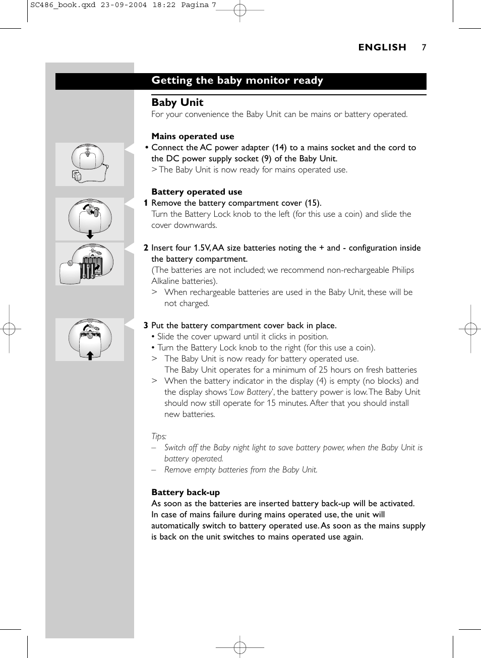 Getting the baby monitor ready baby unit, English | Philips DECT SC486 User Manual | Page 7 / 18