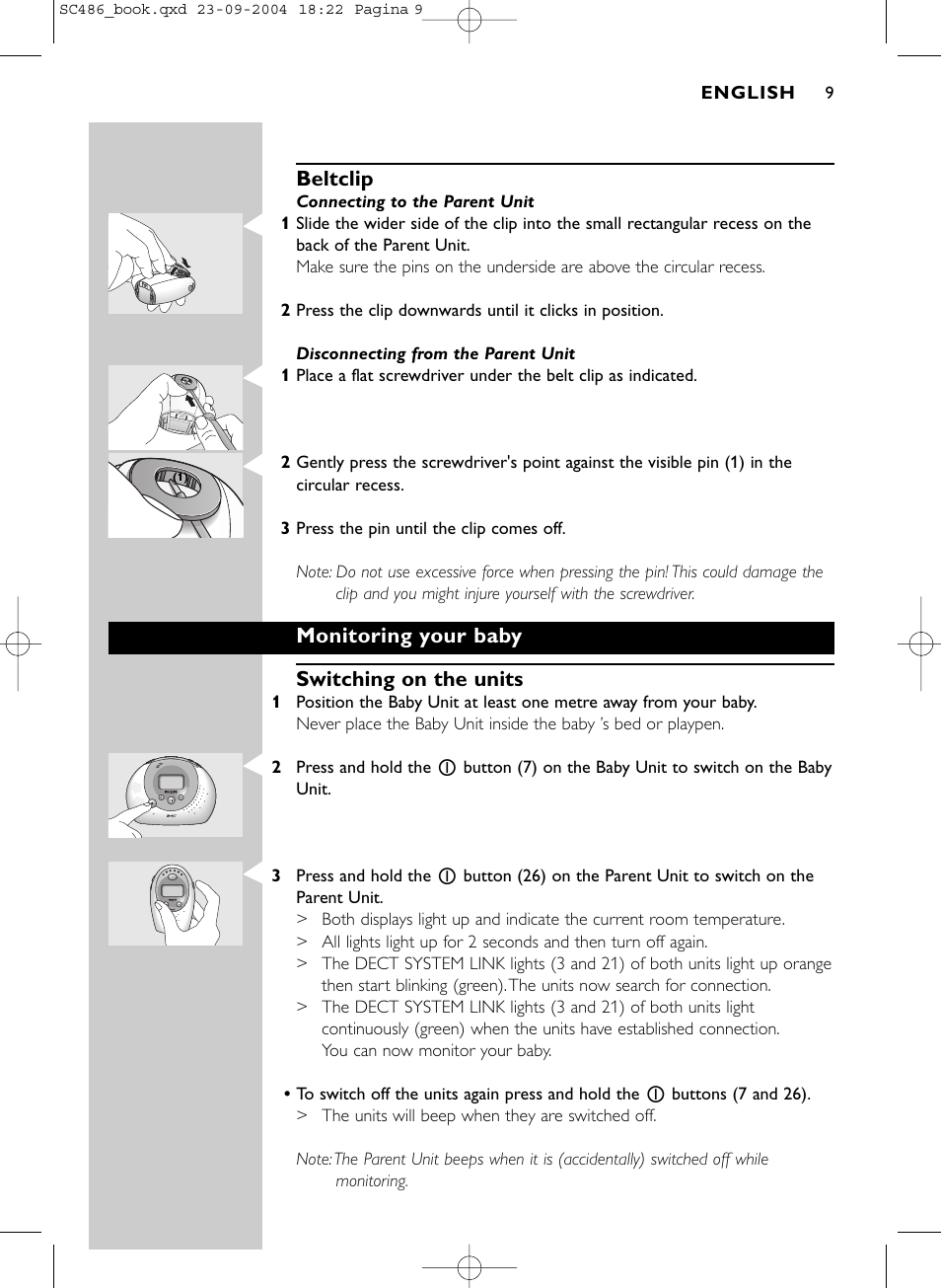 Beltclip, Monitoring your baby switching on the units | Philips DECT SC486 User Manual | Page 9 / 18