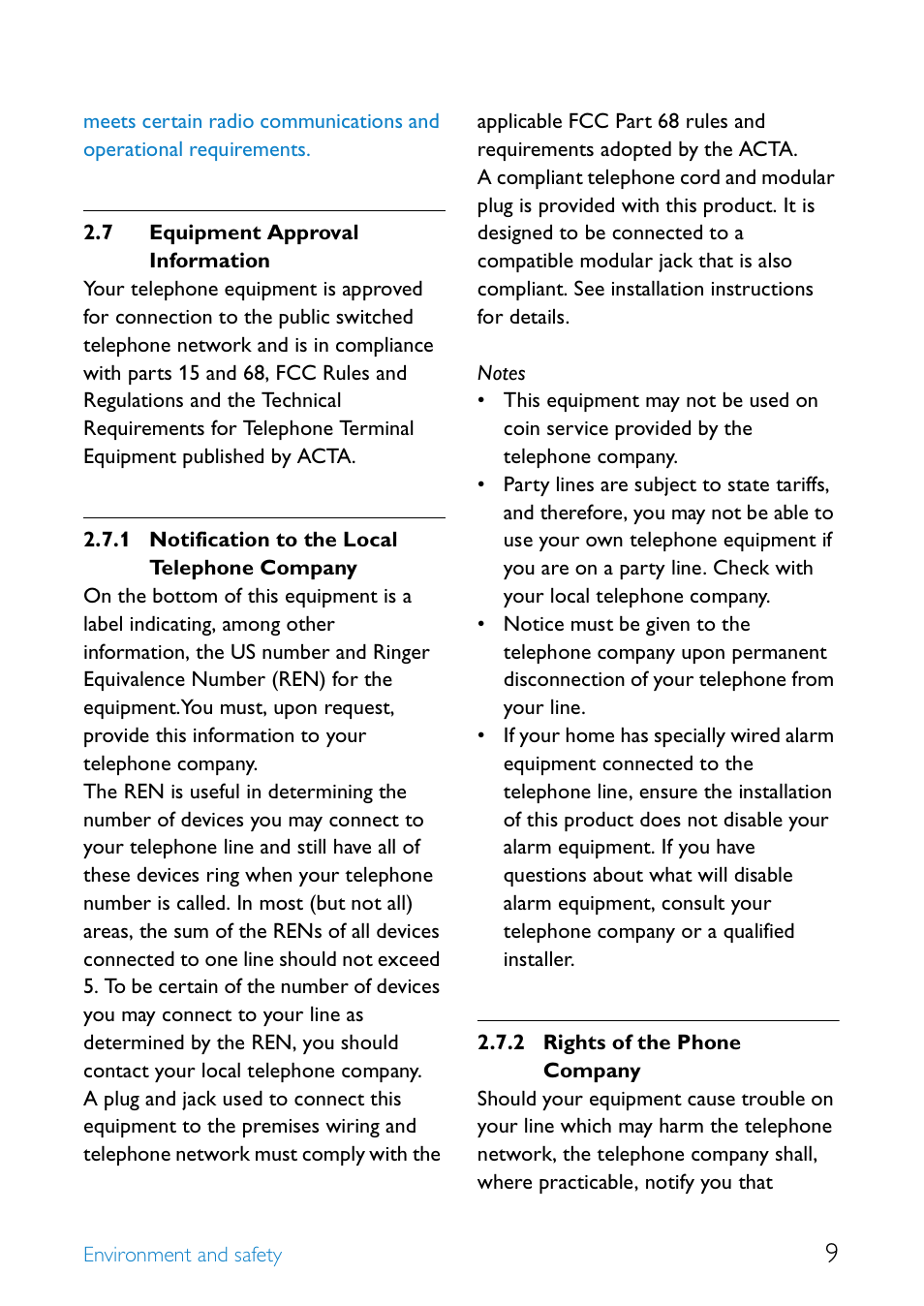 7 equipment approval information, Equipment approval information, Notification to the local telephone company | Rights of the phone company | Philips SE655 User Manual | Page 11 / 73