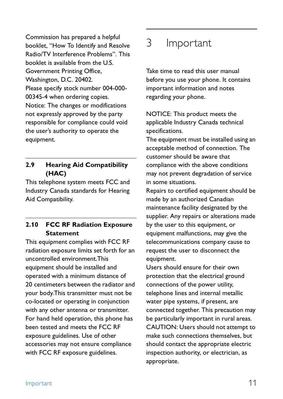 9 hearing aid compatibility (hac), 10 fcc rf radiation exposure statement, 3 important | Hearing aid compatibility (hac), Fcc rf radiation exposure statement, Important, 3important | Philips SE655 User Manual | Page 13 / 73