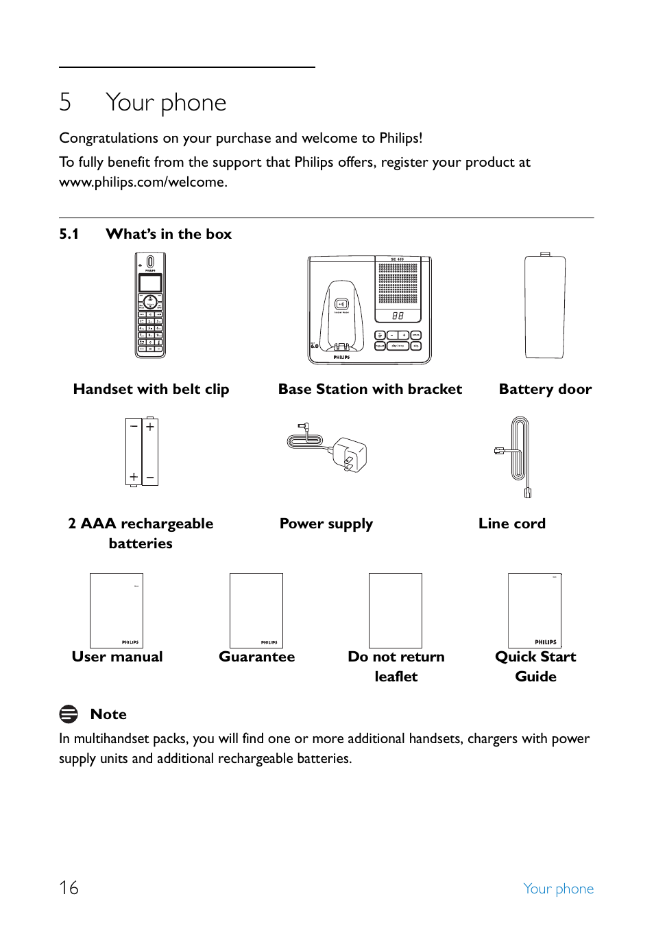 5 your phone, 1 what’s in the box, Your phone | What’s in the box, 5your phone | Philips SE655 User Manual | Page 18 / 73