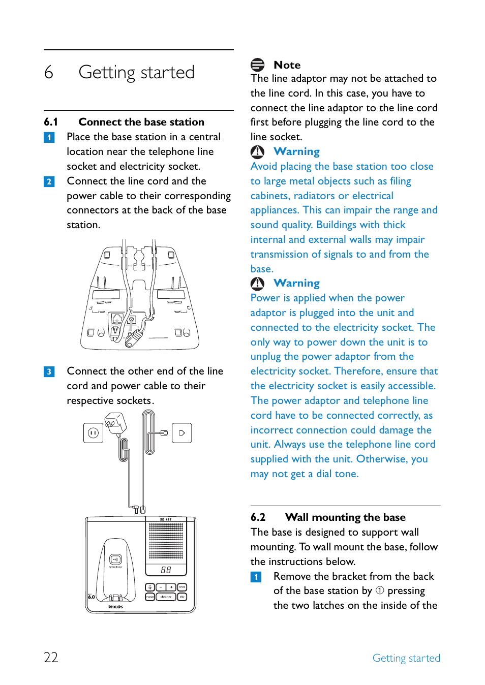 6 getting started, 1 connect the base station, 2 wall mounting the base | Getting started, Connect the base station, Wall mounting the base, 6getting started | Philips SE655 User Manual | Page 24 / 73