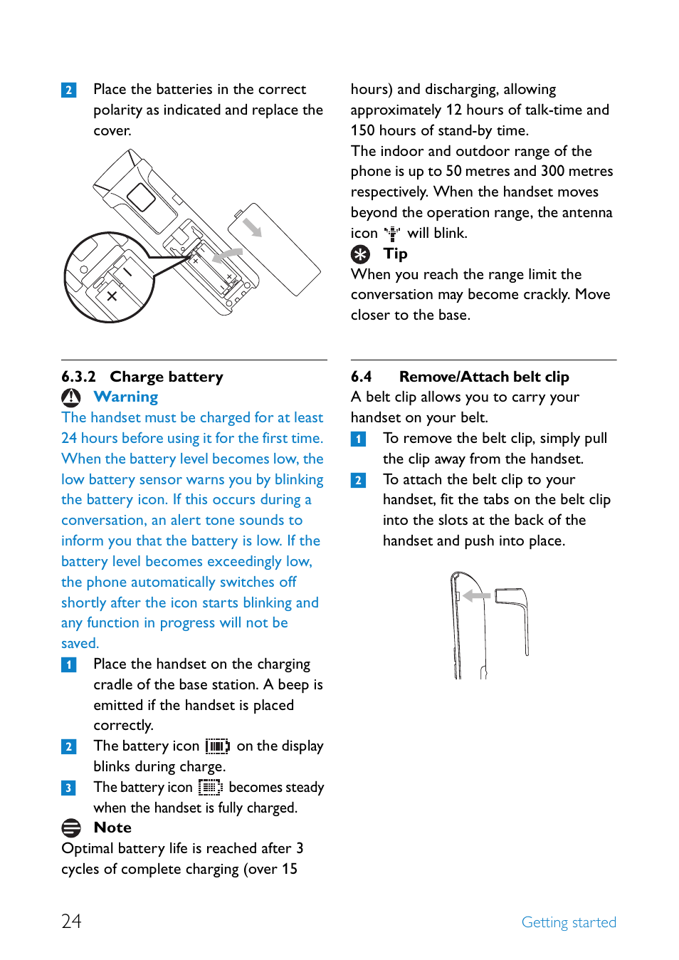 4 remove/attach belt clip, Charge battery, Remove/attach belt clip | Philips SE655 User Manual | Page 26 / 73