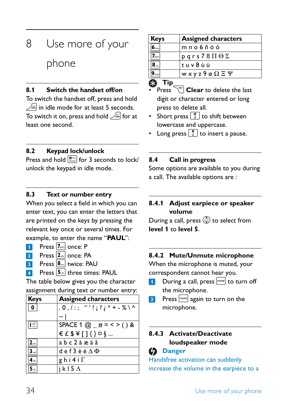 8 use more of your phone, 1 switch the handset off/on, 2 keypad lock/unlock | 3 text or number entry, 4 call in progress, Use more of your phone, Switch the handset off/on 34, Keypad lock/unlock, Text or number entry, Call in progress | Philips SE655 User Manual | Page 36 / 73