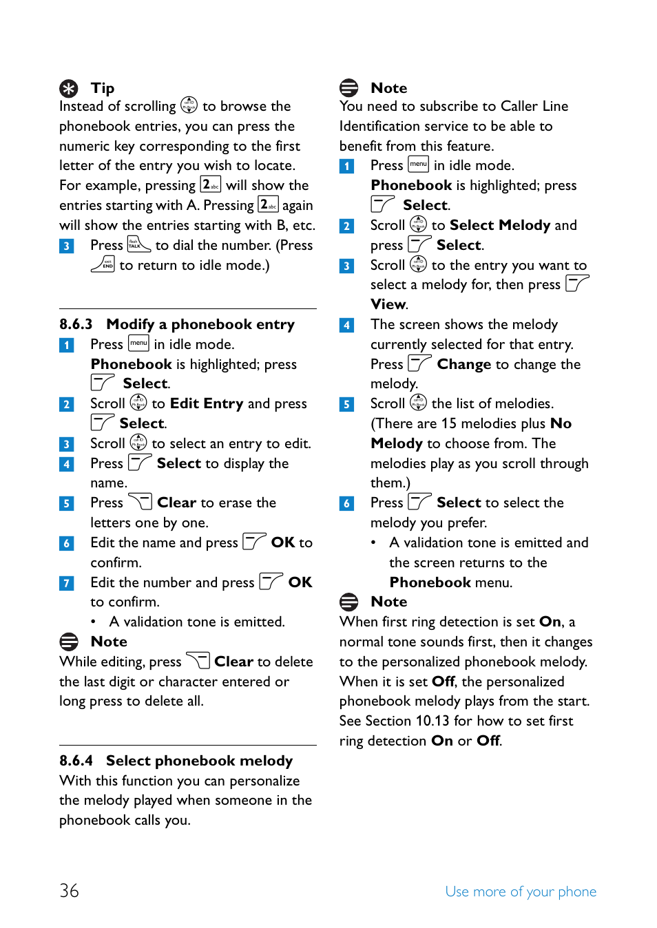 Modify a phonebook entry 36, Select phonebook melody 36 | Philips SE655 User Manual | Page 38 / 73