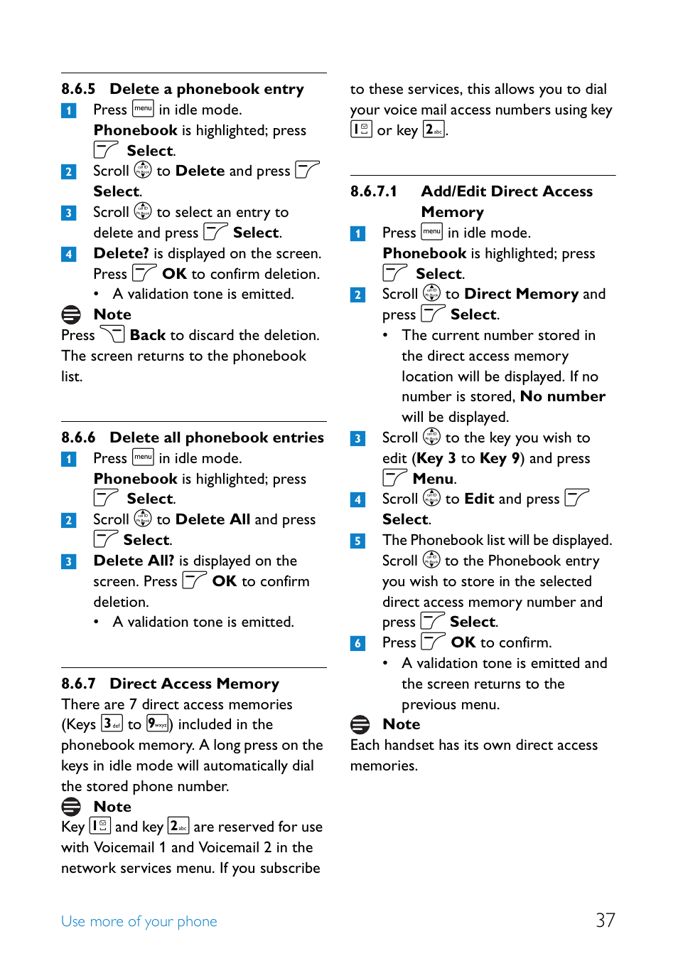 Delete a phonebook entry 37, Delete all phonebook entries, Direct access memory | Philips SE655 User Manual | Page 39 / 73
