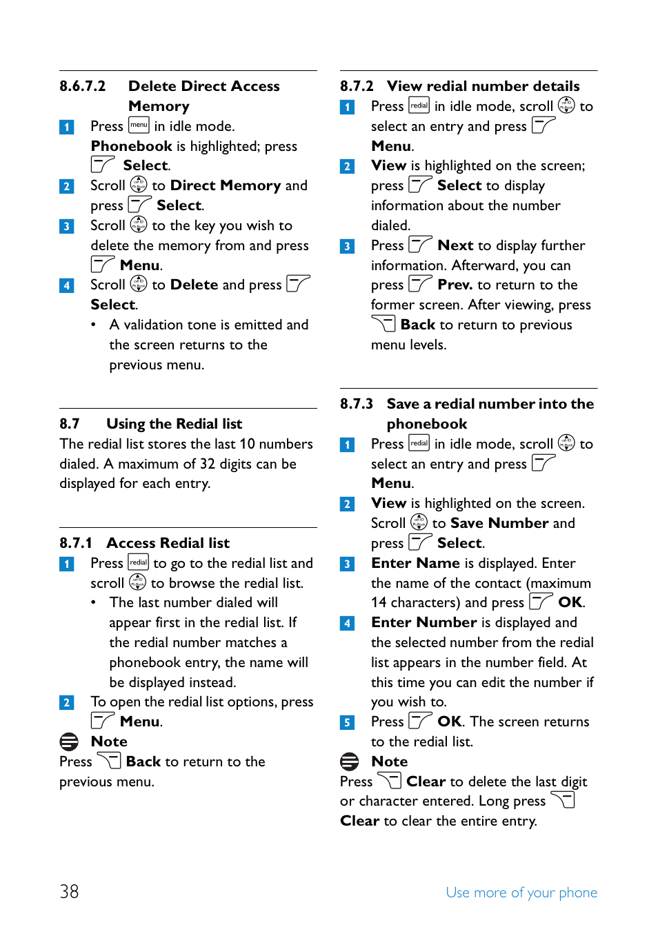 7 using the redial list, Using the redial list, Access redial list | View redial number details 38, Save a redial number into the phonebook | Philips SE655 User Manual | Page 40 / 73