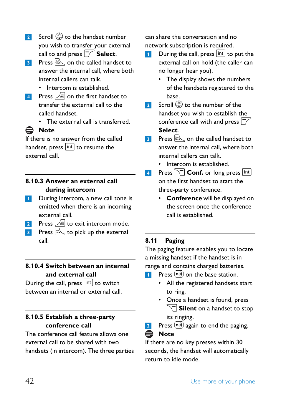 11 paging, Answer an external call during intercom, Switch between an internal and external call | Establish a three-party conference call, Paging | Philips SE655 User Manual | Page 44 / 73