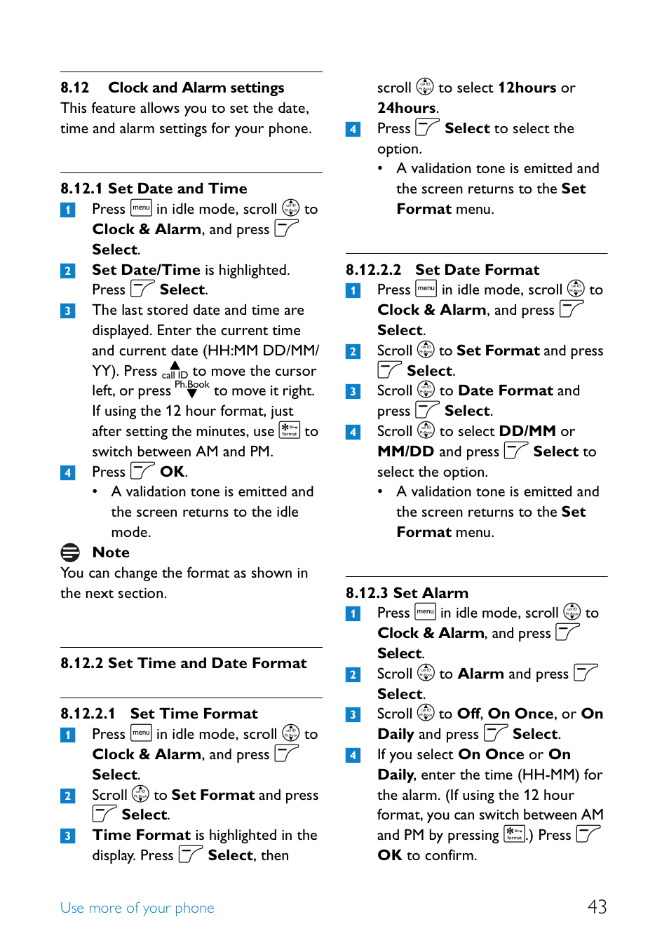 12 clock and alarm settings, Clock and alarm settings, Set date and time | Set time and date format, Set alarm | Philips SE655 User Manual | Page 45 / 73