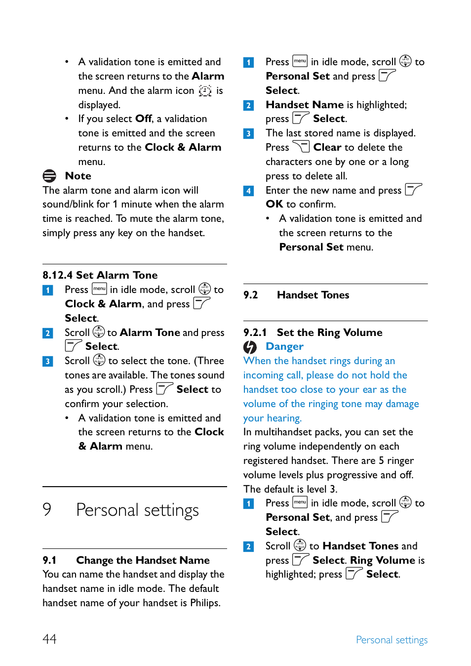 9 personal settings, 1 change the handset name, 2 handset tones | Set alarm tone, Personal settings, Change the handset name 44, Handset tones, Set the ring volume, 9personal settings | Philips SE655 User Manual | Page 46 / 73