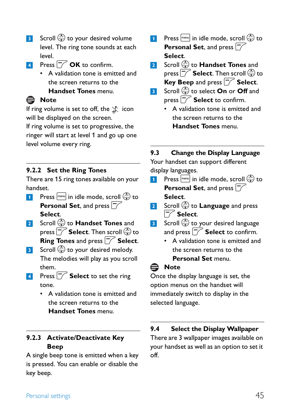 3 change the display language, 4 select the display wallpaper, Set the ring tones | Activate/deactivate key beep, Change the display language, Select the display wallpaper | Philips SE655 User Manual | Page 47 / 73