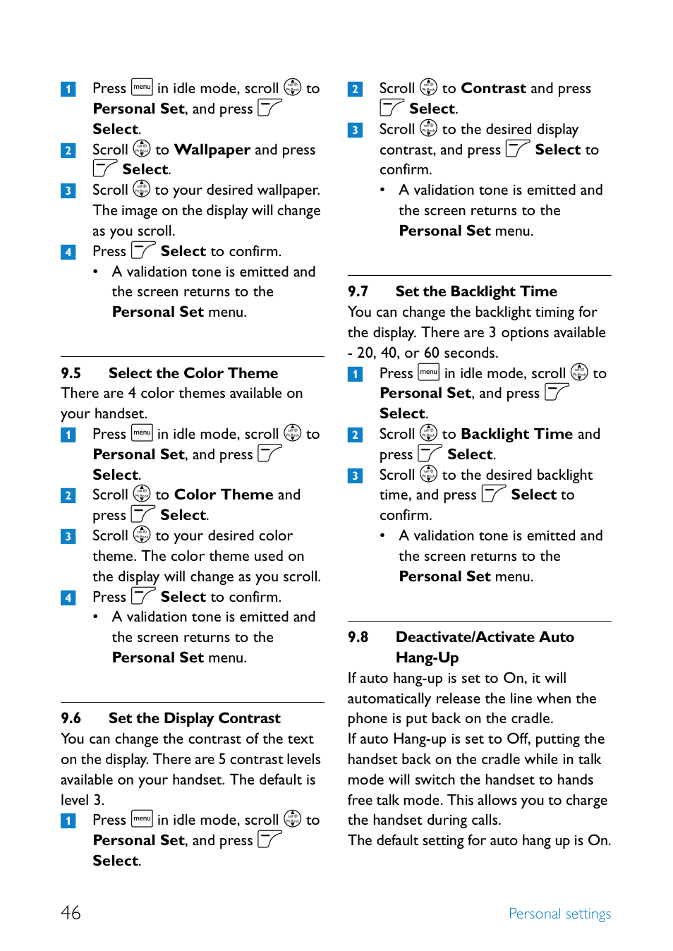 5 select the color theme, 6 set the display contrast, 7 set the backlight time | 8 deactivate/activate auto hang-up, Select the color theme, Set the display contrast, Set the backlight time, Deactivate/activate auto hang-up | Philips SE655 User Manual | Page 48 / 73