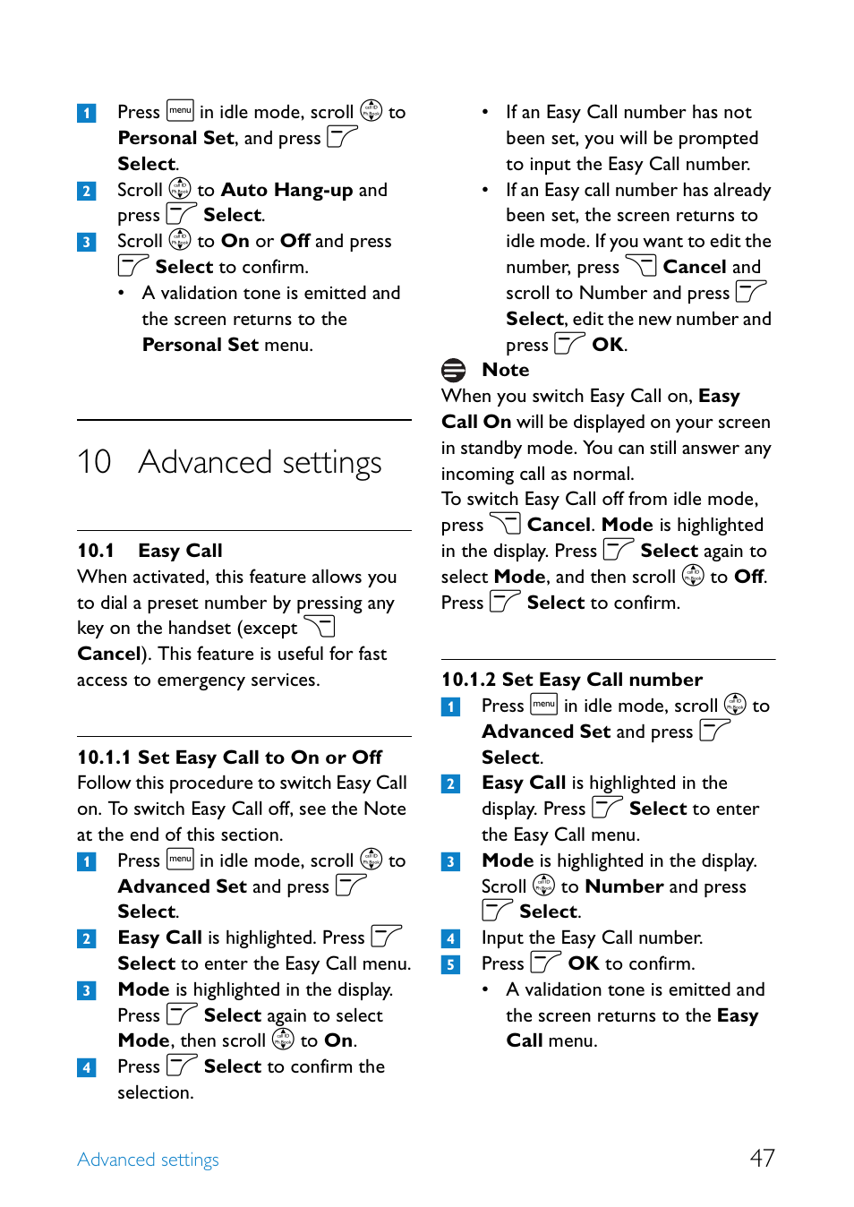 10 advanced settings, 1 easy call, Advanced settings | Easy call, Set easy call to on or off, Set easy call number | Philips SE655 User Manual | Page 49 / 73